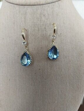 925 Sterling Silver Gold Drop Earrings with Blue Teardrop Crystals